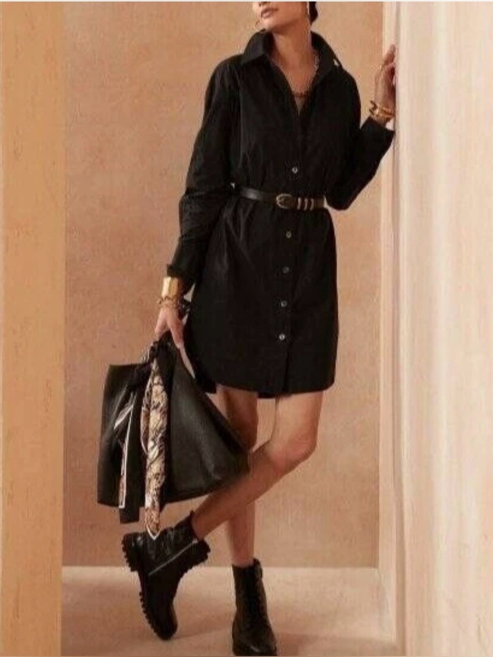 Classic Black Button-Front Mini Shirt Dress with Waist Belt in Small Tall